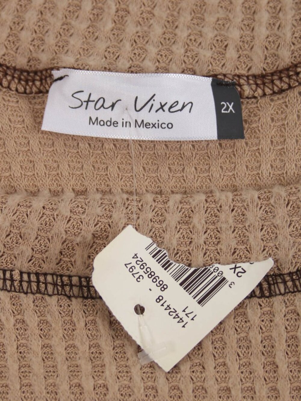 NWT Star Vixen Waffle Knit Top 2X Tan Beige Long Sleeve Contrast Stitch - Picture 5 of 8
